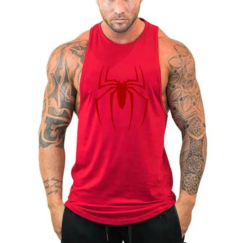 Red Spider Printed Running Tank Tops Gym Fitness Cotton Breathable Sleeveless T-Shirt Mens Bodybuilding Loose Training Clothing