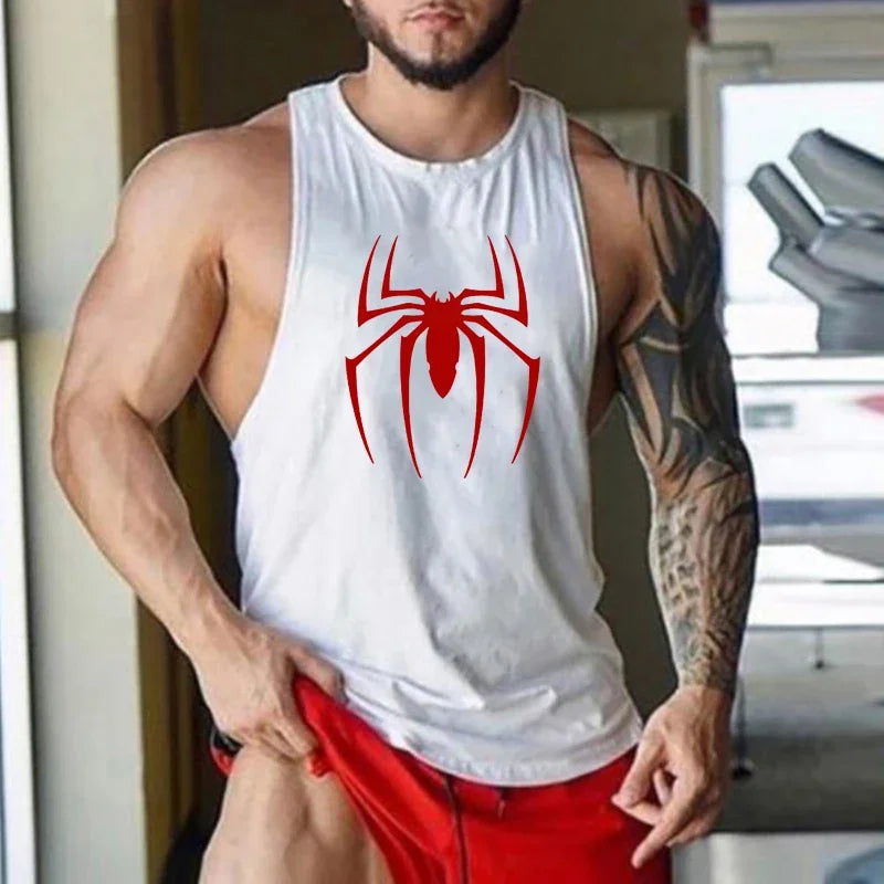 Red Spider Printed Running Tank Tops Gym Fitness Cotton Breathable Sleeveless T-Shirt Mens Bodybuilding Loose Training Clothing