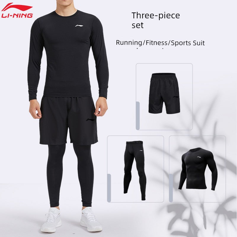 Li Ning Running Sports Suit Men's Gym Clothes Fall and Winter Quick Drying Clothes Tights Morning Running Winter Training Wear