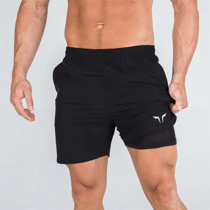 double-deck fitness sports shorts men summer slim quick drying breathable woven Shorts Men's sweatpants training gym clothing