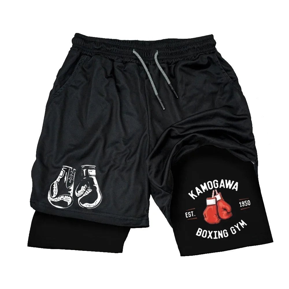 Men's compression gym shorts, boxing printed sports pants, double layered, quick drying, basketball, beach, muscle, fitness