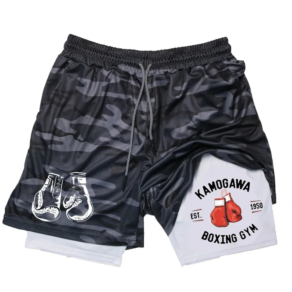 Men's compression gym shorts, boxing printed sports pants, double layered, quick drying, basketball, beach, muscle, fitness