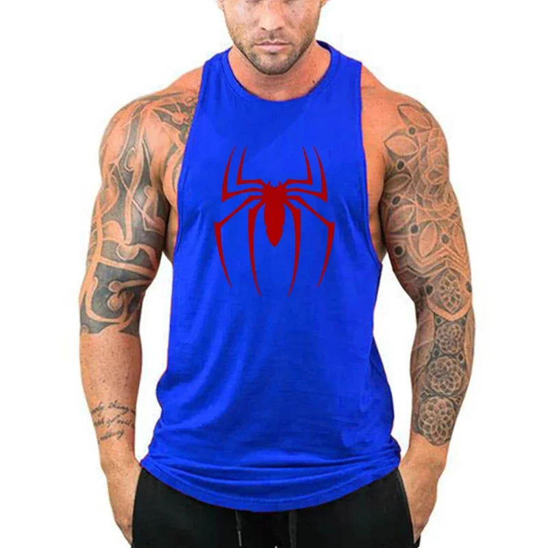 Red Spider Printed Running Tank Tops Gym Fitness Cotton Breathable Sleeveless T-Shirt Mens Bodybuilding Loose Training Clothing